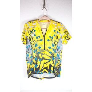 Terry Cycling Jersey Vibrant Yellow Blue Black Floral Pattern Size M